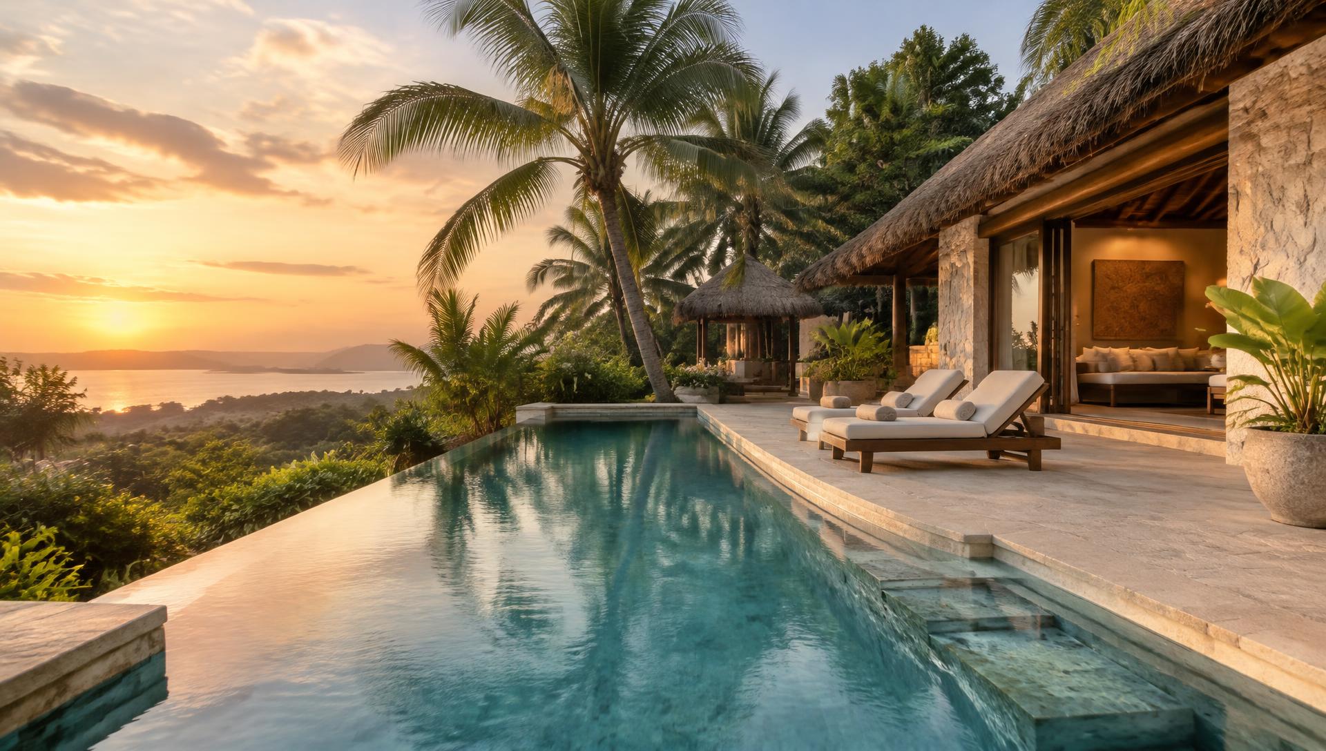 Atmospheric image of a tropical pool terrace at sunset
