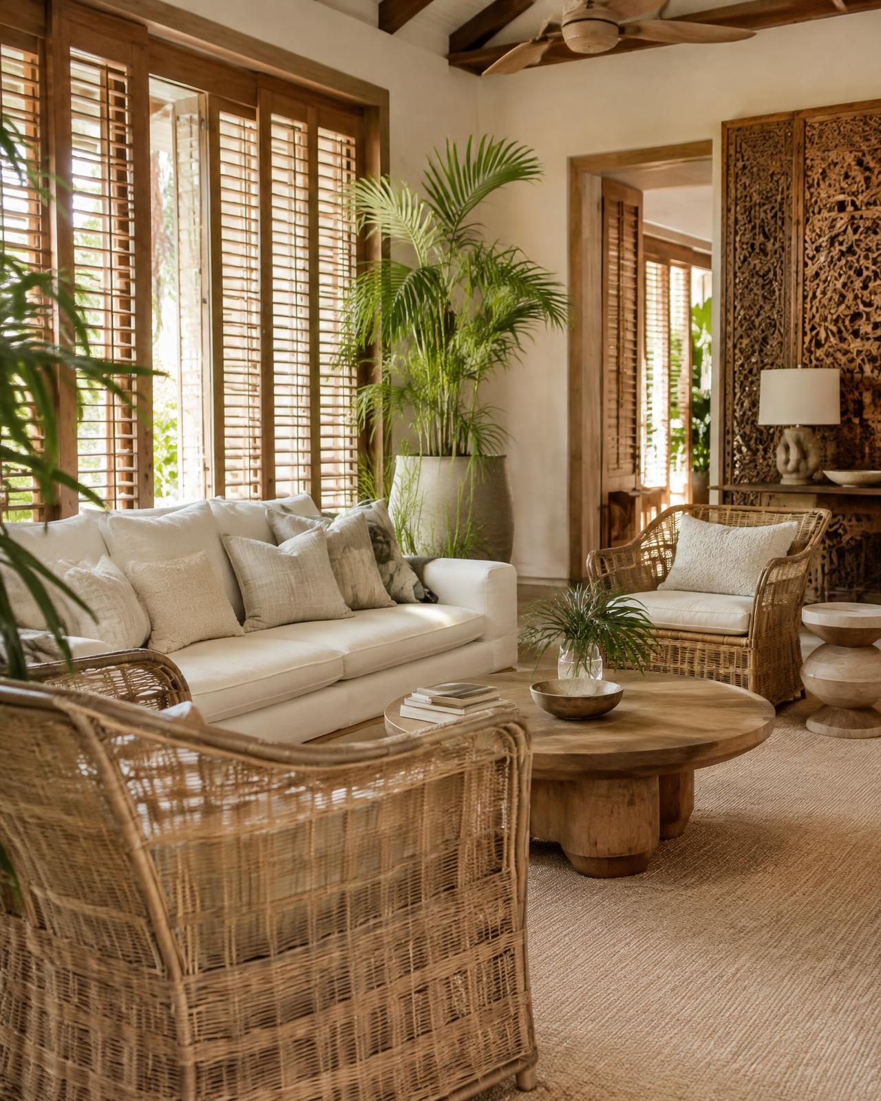 Atmospheric tropical interior with rattan and linen